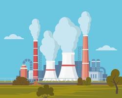 planta fabril altamente poluente com torres e cachimbos. Emissões de dióxido de Carbono. contaminação do ambiente. ilustração em vetor estilo simples.