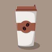 copo de café de papel com tampa e emblema com grãos de café. café para viagem. café para viagem. ilustração vetorial em estilo simples. vetor