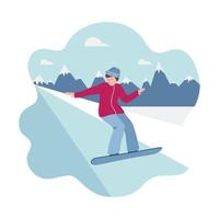 bandeira do esporte de inverno - snowboard, um homem no snowboard desce a encosta. homem no fundo das silhuetas das montanhas. ilustrações vetoriais em estilo plano - cores rosa, azuis e brancas. vetor