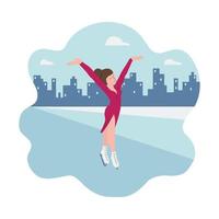 bandeira do esporte de inverno - patinação artística, garota dançando em patins. mulher no fundo das silhuetas da cidade. ilustrações vetoriais em estilo plano - cores rosa, azuis e brancas. vetor