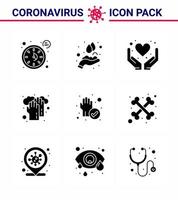 novo coronavírus 2019ncov 9 pacote de ícones pretos de glifo sólido protege os cuidados de lavagem cuidados médicos saúde viral coronavírus 2019nov elementos de design do vetor da doença