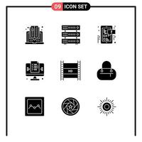 conjunto de 9 sinais de símbolos de ícones de interface do usuário modernos para site de filme hd facebook desenvolvimento web elementos de design de vetores editáveis
