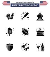 feliz dia da independência pacote de 9 sinais de glifos sólidos e símbolos para bola de esportes muffin sorvete editável dia dos eua elementos de design vetorial vetor