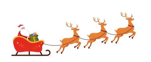 Papai Noel com presentes no trenó e suas renas. ilustração em vetor cartão de saudação de Natal.