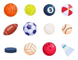 bolas de esporte. futebol, basquete, tênis, bilhar, futebol, golfe, beisebol, vôlei, disco de hóquei, bola de bilhar, peteca. ilustração vetorial. vetor
