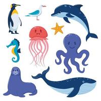 grande conjunto de animais marinhos. personagens de criaturas marinhas de estilo plano fofo. pinguim, baleia, foca, cavalo marinho, golfinho, polvo, água-viva, estrela do mar, gaivota. ilustração vetorial. vetor