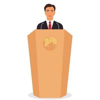 homem de terno fica em um pódio na frente dos microfones. evento importante, conceito de conferência de negócios. ilustração vetorial.