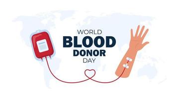 cartaz do dia mundial do doador de sangue. humano doa sangue, bolsa de sangue e mão no fundo do mapa do mundo. ilustração vetorial. vetor