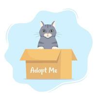 gatinho bonitinho em uma caixa de papelão com a inscrição me adote. adote um animal de estimação. lindo gatinho sem-teto esperando a adoção. ilustração vetorial para pôster de abrigo de animais. vetor