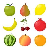 suculentas frutas maduras e bagas, brilhantes e coloridas, definidas. maçã, pêra, laranja, banana, pêssego, cereja, melancia, limão, romã. ilustração vetorial. vetor