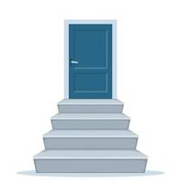 escadas em direção à porta. escada de concreto cinza. vista frontal do modelo de escada e porta fechada. ilustração vetorial isolada no branco. vetor