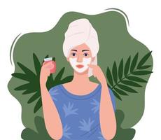 jovem mulher com uma toalha na cabeça dela faz procedimentos cosméticos. máscara facial, cuidados com a pele, tratamento, relaxamento. folhas tropicais no fundo. conceito de cuidados com a pele, cosméticos orgânicos. ilustração vetorial. vetor