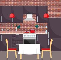interior elegante da cozinha moderna. utensílios e eletrodomésticos de cozinha, móveis, fogão a gás, geladeira. panela e frigideira no fogão. ilustração vetorial em estilo simples. vetor