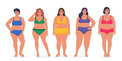 corpo pessoas positivas. personagens femininas plus size, grupo atraente, curvilíneo e com sobrepeso de mulheres multiculturais em roupas íntimas. obesidade de tamanho grande, senhora muito grande. ilustração vetorial. vetor