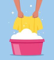 lavando roupas na bacia de água com sabão. mãos segurando uma camiseta. limpar e lavar. removedor de manchas. ilustração em vetor plana.