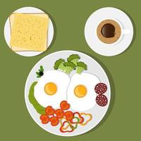 café da manhã tradicional. ovos mexidos com legumes e salsicha, tostas com queijo e café. ilustração vetorial em estilo simples. vetor