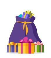 saco violeta cheio de presentes do papai noel. elemento decorativo de natal. ilustração em vetor plana.