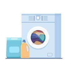 máquina de lavar com roupa de cama e produtos de limpeza, sabão em pó e condicionador. ilustração do conceito de vetor de lavagem de roupas.