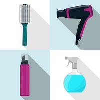 ícones de ferramentas de cabeleireiro, conjunto. secador de cabelo, escova de cabelo, spray, mousse. símbolos de cabeleireiro de profissão com longas sombras. ilustração vetorial, plana. vetor