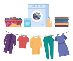 infográficos de lavanderia com diferentes estágios do processo de lavagem. lavando roupas. roupa suja, máquina de lavar, pilha de roupas limpas. roupas no varal. ilustração vetorial. vetor