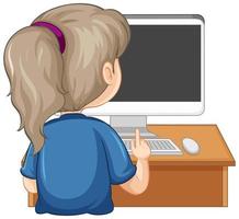 vista traseira de uma menina com o computador na mesa em fundo branco vetor