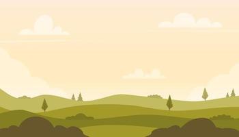 bela paisagem de campos com colinas verdes, árvores, arbustos. paisagem rural nas cores quentes do amanhecer. fundo rural para banner, animação. ilustração em vetor plana.