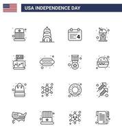 conjunto de 16 ícones do dia dos eua símbolos americanos sinais do dia da independência para dia do festival da independência soda cola editável dia dos eua vetor elementos de design