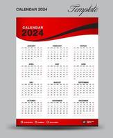 modelo de calendário de mesa de parede 2024, design de calendário de mesa 2024, domingo de início de semana, folheto de negócios, conjunto de 12 meses, domingo de início de semana, organizador, planejador, mídia de impressão, fundo de onda vermelha, vetor