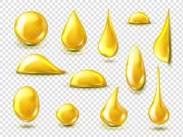 conjunto realista de gotas douradas de óleo ou mel vetor