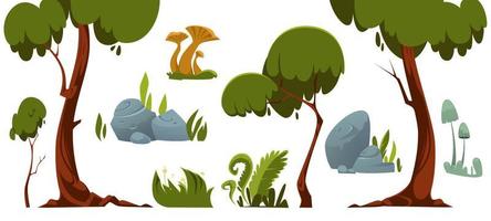 elementos da paisagem florestal, árvores, grama, pedras vetor