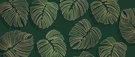 vetor de fundo de arte de linha de folhas douradas de luxo. arte de linha de ouro de folha tropical natural em fundo verde escuro. ilustração de design para decoração, decoração de parede, papel de parede, capa, banner, pôster, cartão.