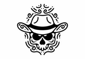 caveira com chapéu de cowboy tatuagem de mono linha de arte em preto e branco vetor