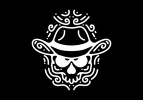 caveira com chapéu de cowboy tatuagem de mono linha de arte em preto e branco vetor