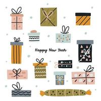 cartão de natal com caixa de presente colorida com letras feliz ano novo. apresenta design isolado de natal de festa de aniversário de vetor plano