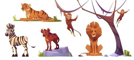 tigre de animais selvagens dos desenhos animados, macacos, leão, hiena vetor