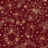 padrão perfeito com sinos de natal, grinalda, poinsétia, ramo de abeto de correntes de ouro de joias, contas de bola brilhante. pequenas estrelas, brilhos em fundo vermelho para o natal, decoração do feriado de ano novo vetor