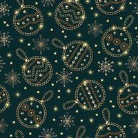 padrão perfeito com bolas de natal, pequenos flocos de neve de joias de ouro, correntes de prata, contas de bola brilhantes. pequenas estrelas, brilhos em fundo verde para o natal, decoração de pacote de férias de ano novo vetor