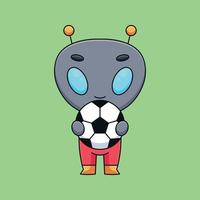 alienígena fofo segurando bola de futebol mascote dos desenhos animados doodle arte mão desenhada conceito vetor ilustração do ícone kawaii