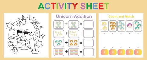 Folha de atividades 3 em 1 para crianças. planilha educacional imprimível. vetor