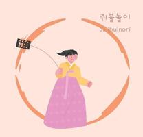 jogo tradicional coreano. uma garota usando um hanbok está brincando de virar uma lata com fogo. vetor