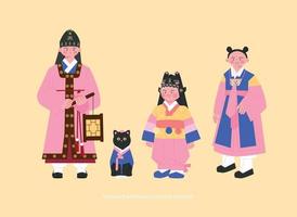 Trajes da dinastia Joseon. crianças bonitas vestindo vários hanbok. mão desenhada ilustração vetorial. vetor