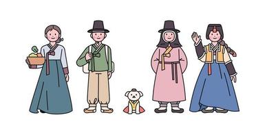 Joseon, uma antiga nação coreana. um homem e uma mulher vestindo hanbok básico, um homem e uma mulher vestindo hanbok de inverno e um cachorro. vetor