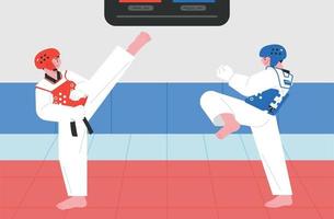 artes marciais tradicionais coreanas. dois atletas usando equipamento de proteção e tendo uma partida de taekwondo. vetor