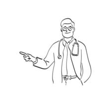 médico masculino sorridente mostrando e apresentando algo com a mão na mão de vetor de ilustração de espaço de cópia desenhada isolada na arte de linha de fundo branco.