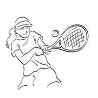 mulher asiática de atleta de arte de linha jogando tênis e batendo bola com mão de vetor de ilustração de raquete desenhada isolada no fundo branco