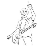 cantor de roqueiro masculino com guitarra elétrica apontando para cima mão de ilustração vetorial desenhada isolada na arte de linha de fundo branco. vetor