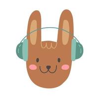 vetor coelho marrom com fones de ouvido, cabeça de coelho fofo para crianças