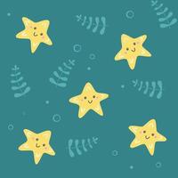 estrela do mar fofa sem costura, padrão de algas e bolhas para crianças. ilustração em vetor dos desenhos animados do mundo subaquático do oceano. elemento de design para impressão têxtil infantil ou decoração de casa