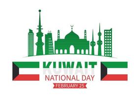 dia nacional do kuwait em 25 de fevereiro com bandeira acenando e celebração da independência na ilustração de modelos desenhados à mão de desenho animado plano vetor