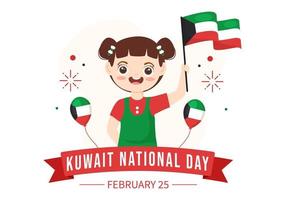 dia nacional do kuwait em 25 de fevereiro com crianças acenando uma bandeira e celebração da independência na ilustração de modelos desenhados à mão de desenho animado plano vetor